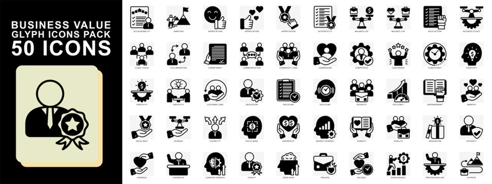 Businss Value glyph icons set. contain accountability, ambition, apreciation, creativity, discipline, loyalty and more. Vector for modern concept, print, UI, UX kit, web and app development.