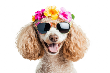 A cheerful poodle wearing stylish sunglasses and a floral crown. posing against a bright white background. exuding a fun. playful vibe perfect for pet-related marketing or social media