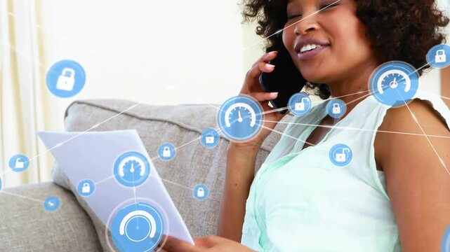 Mid-adult woman holding papers, speaking on phone, call initiating blue icons mapping business data