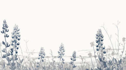 Watercolor painting of lupine flowers in a field, showcasing delicate blue and gray tones, isolated on white background, creating a serene and natural scene