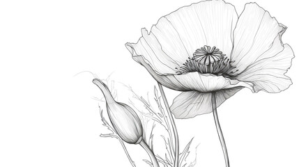 Fototapeta premium Detailed pen and ink drawing of a poppy flower, showcasing intricate stippling and line work, isolated on white background, creating a striking botanical illustration