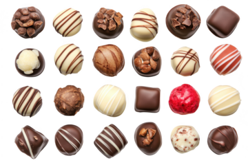 An array of assorted gourmet chocolates displayed on a clean white background. various textures and flavors. perfect for a dessert advertisement or culinary inspiration