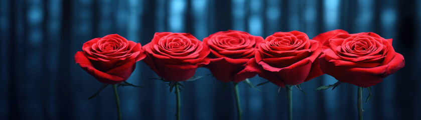 Dynamic floral composition with bold red roses arranged in row against dark blue blurred background creating striking contrast