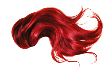 A and flowing cascade of long. silky red hair elegantly styled against a plain white background. its texture and color for beauty or fashion-related uses