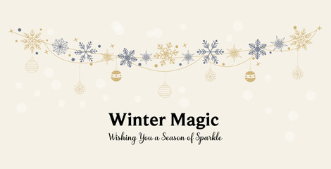 A festive, elegant horizontal banner featuring a decorative garland of gold and muted blue snowflakes, stars, and hanging Christmas ornaments against 