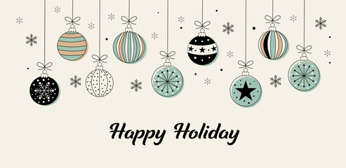 A mid-century modern style banner featuring a row of hanging Christmas ornaments in a muted color palette of black, teal, and beige, decorated with snowflakes and simple patterns.