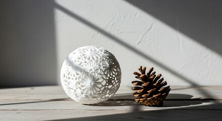 Abstract still life with white decorative sphere and pine cone