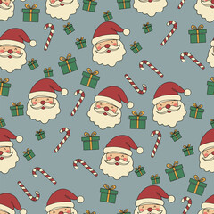 Christmas Santa Claus Vector. Seamless Gift And Candy Cane Pattern with Cute Santa Faces. Merry Christmas  Holiday seamless pattern Background.