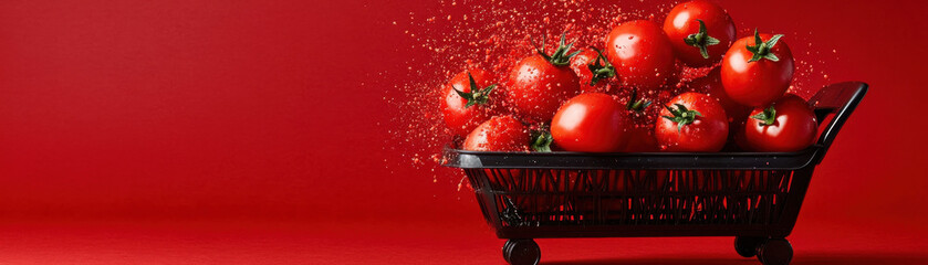 Fresh red tomatoes bursting with juice in small black shopping cart on vibrant red background, creating dynamic and lively food scene
