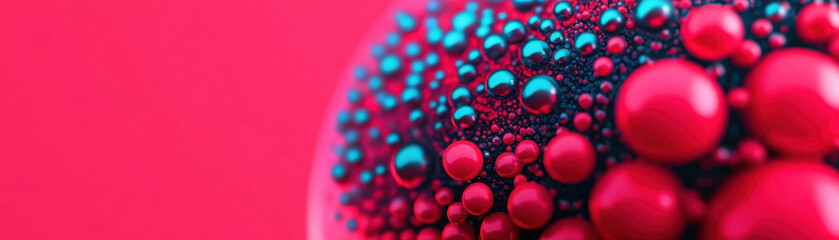 Close up of red and blue liquid bubbles clustered together on smooth surface, creating vibrant and dynamic abstract pattern