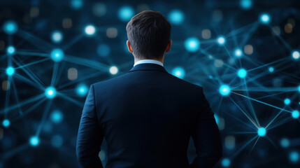 Businessman suit stands with his back to camera, facing glowing blue digital network of connected nodes and lines, symbolizing technology