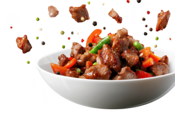 A bowl of stir-fried beef with colorful bell peppers and green beans. surrounded by a flurry of peppercorns. a dynamic cooking scene ideal for culinary promotions