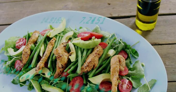 Camera pulling back, revealing pale blue plate; turquoise overlay sweeping showcasing salad and oil