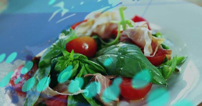 Overlay starting blue dots sweeping, digits fading, camera pulling, revealing basil, tomatoes, ham