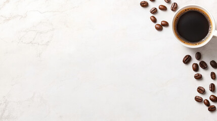 Cup of black coffee with scattered roasted coffee beans on clean white marble surface creating warm and inviting atmosphere