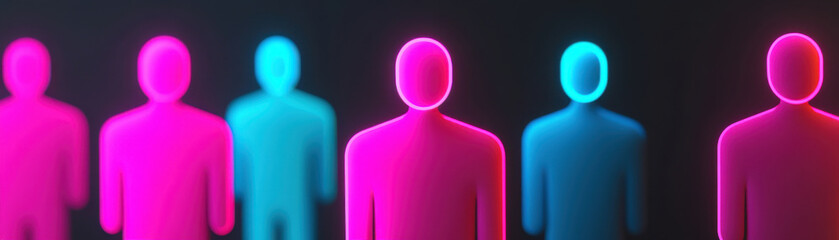 Dynamic glowing grid of human figures in pink and blue colors, symbolizing connection and digital network with vibrant neon light effect