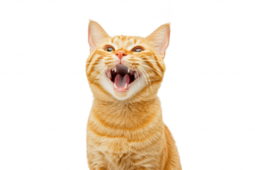 A orange tabby cat with an open mouth appears to be meowing or yawning. its playful personality against a clean white background. ideal for animal-themed content