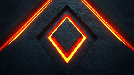 Glowing red neon diamond shape with dark textured background creates dynamic futuristic and glowing abstract design with sharp lines and vibrant