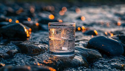 Glass of clear water with ice cubes resting on wet dark river stones at dusk.
