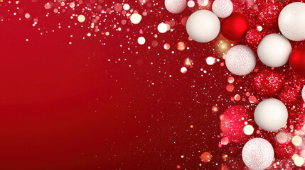 Red Christmas background with white and red glittering baubles and sparkling lights creating festive joy