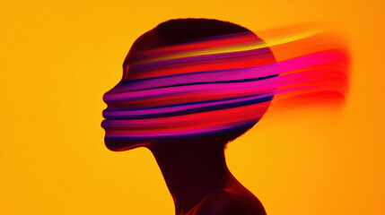 Silhouette of person with short hair and vibrant colorful light streaks crossing face against bright yellow background, creating dynamic effect