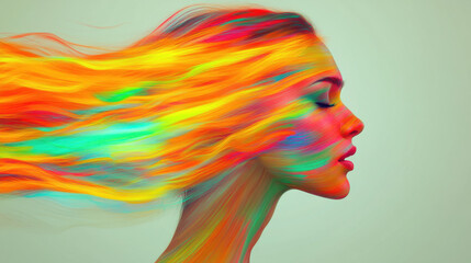Dynamic glowing portrait of woman with vibrant flowing hair in bright rainbow colors, expressing creativity and energy with closed eyes