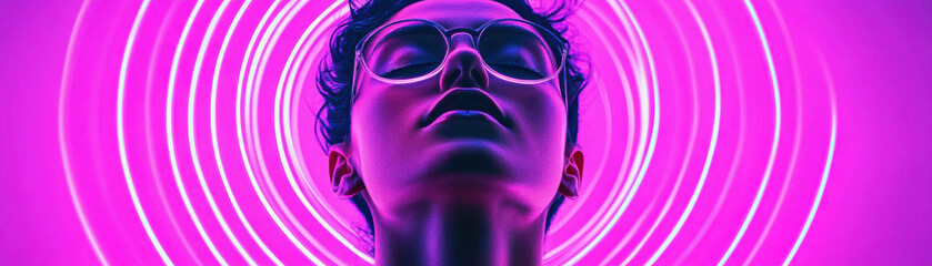 Young woman neon light glowing portrait glasses purple futuristic vibrant confident modern
