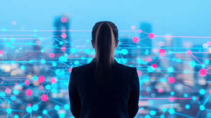 Businesswoman with ponytail stands facing cityscape with glowing blue and pink digital network connections symbolizing technology and communication