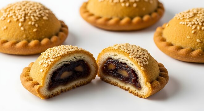 Artisan Pastry Delights: A close-up showcases golden-brown artisan pastries. These baked treats, adorned with sesame seeds, offer a delightful glimpse into the art of culinary craftsmanship.