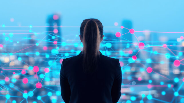 Businesswoman with ponytail stands facing cityscape with glowing blue and pink digital network connections symbolizing technology and communication
