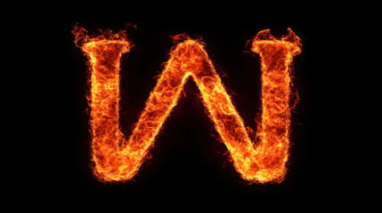 Fiery letter W with bright orange flames on black background, glowing and dynamic fire effect creating intense energy and heat