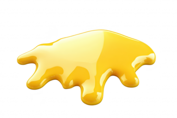 A vibrant. glossy puddle of yellow paint splattered on a clean. white surface. its smooth texture and reflective qualities. ideal for artistic and creative projects