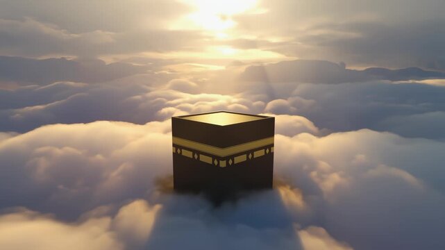 Aerial View of the Kaaba Floating Among Clouds During Sunrise with Bright Sky and Soft Lighting