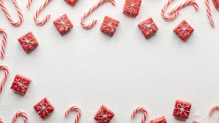 A top-down festive arrangement of red gifts & candy canes, lightly dusted on white background