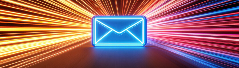 Glowing neon envelope icon with dynamic light streaks in warm and cool colors creating vibrant futuristic communication concept