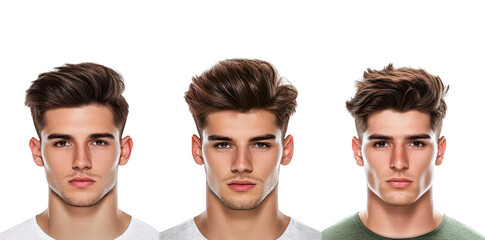 Three young men with stylish hairstyles. posing against a white background. different haircuts and expressions. ideal for fashion or grooming content