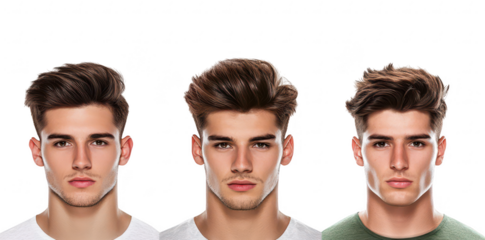 Three young men with stylish hairstyles. posing against a white background. different haircuts and expressions. ideal for fashion or grooming content