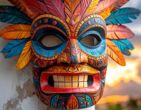 Colorful, carved wooden mask with feathers against a sunset