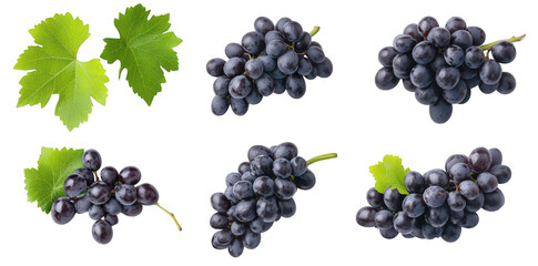 A arrangement of dark purple grapes with green leaves. their freshness and texture against a clean white background. ideal for food-related content or health articles