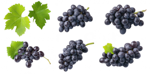 A arrangement of dark purple grapes with green leaves. their freshness and texture against a clean white background. ideal for food-related content or health articles