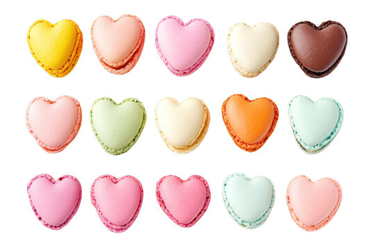 A assortment of heart-shaped macarons in various pastel colors arranged neatly on a white background. evoking a sense of sweetness and love. perfect for celebrations or dessert displays - Powered by Adobe