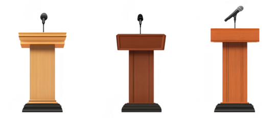 Three distinct podiums in varying colors. positioned side by side. a neutral background ideal for public speaking events. presentations. or conferences