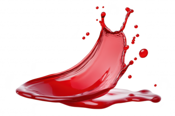 A dynamic splash of red liquid captured mid-motion. the fluids texture and movement against a clean white background. ideal for creative and artistic projects