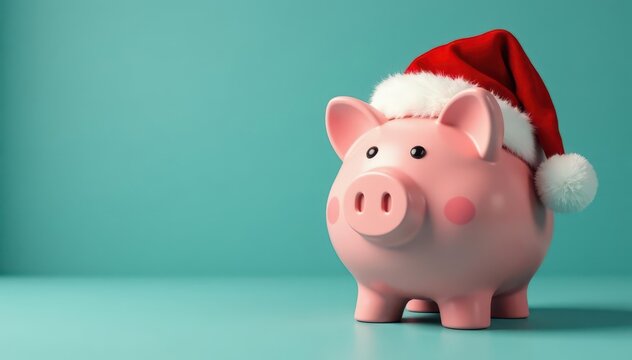 A cheerful piggy bank wears a festive Santa hat , present, christmas hat, red