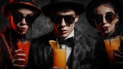 Colorful costumed revelry at halloween festivity. High resolution. Eccentric halloween costume party with themed cocktails. Visual balance. Advertising photo.