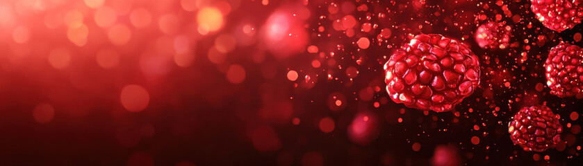 Glowing red pomegranate seeds float in vibrant red background with sparkling light effects creating dynamic and energetic atmosphere