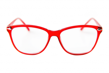 A close-up view of stylish red eyeglasses with a sleek design. set against a clean white background. highlighting their modern aesthetic and potential for fashion use
