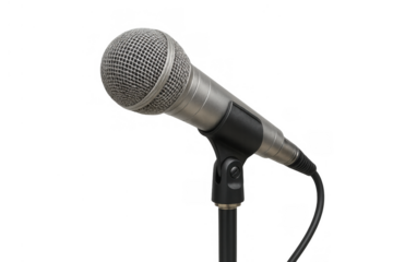 Professional stage microphone on a stand capturing live audio, recording sound, and broadcasting voice with transparent background