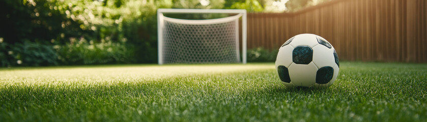 Classic black and white soccer ball rests on lush green grass near goalpost in backyard, evoking calm and inviting atmosphere