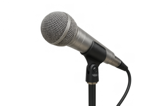 Professional stage microphone on a stand capturing live audio, recording sound, and broadcasting voice with transparent background